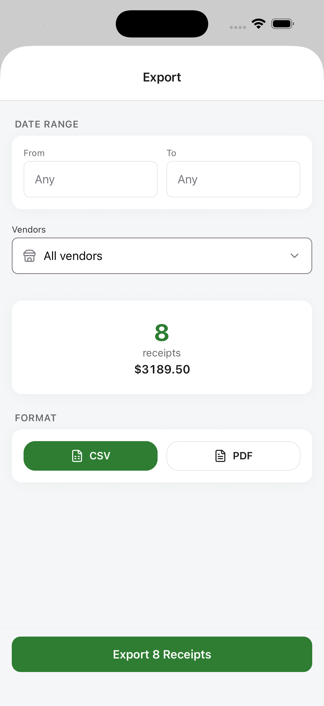 Export screen with date range, vendors, CSV and PDF format toggles, Export Receipts button
