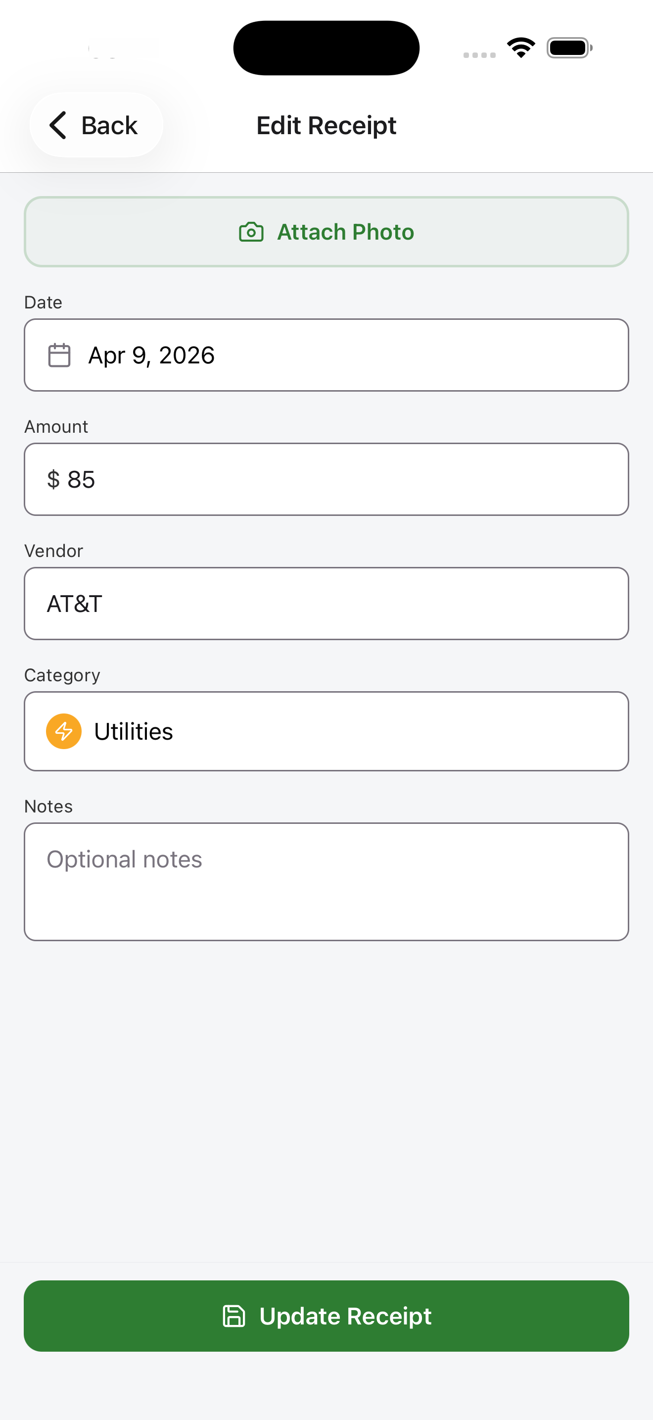 Edit Receipt form with Date, Amount, Vendor, Category and Notes fields